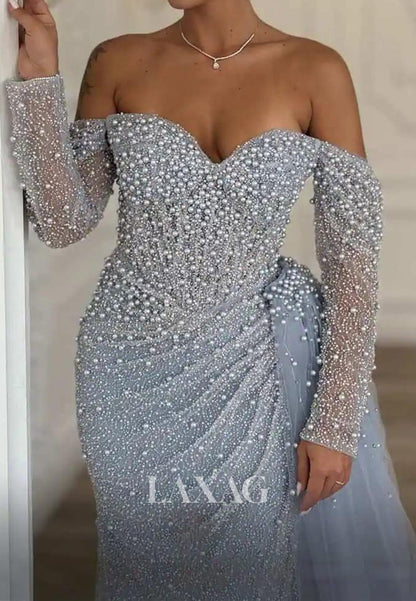 Sweetheart Long-Sleeves Fully Sequined Pearls Pleated Tulle Mermaid Formal Evening Dress