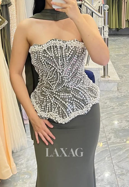 Tube Top Off-Shoulder Sleeveless Pearls Beaded Satin Floor-Length Mermaid Formal Evening Dress