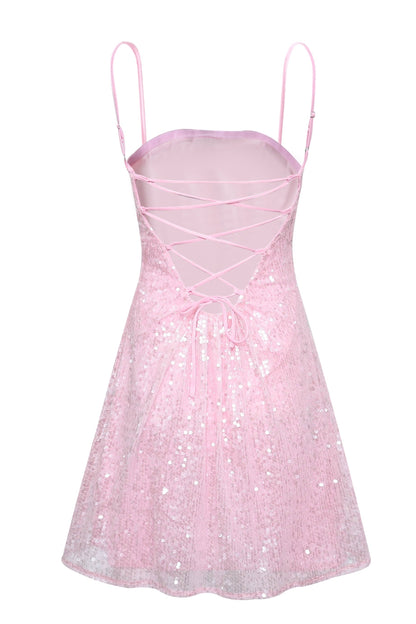 Sequined A-Line Mini Dress with Lace-Up Back