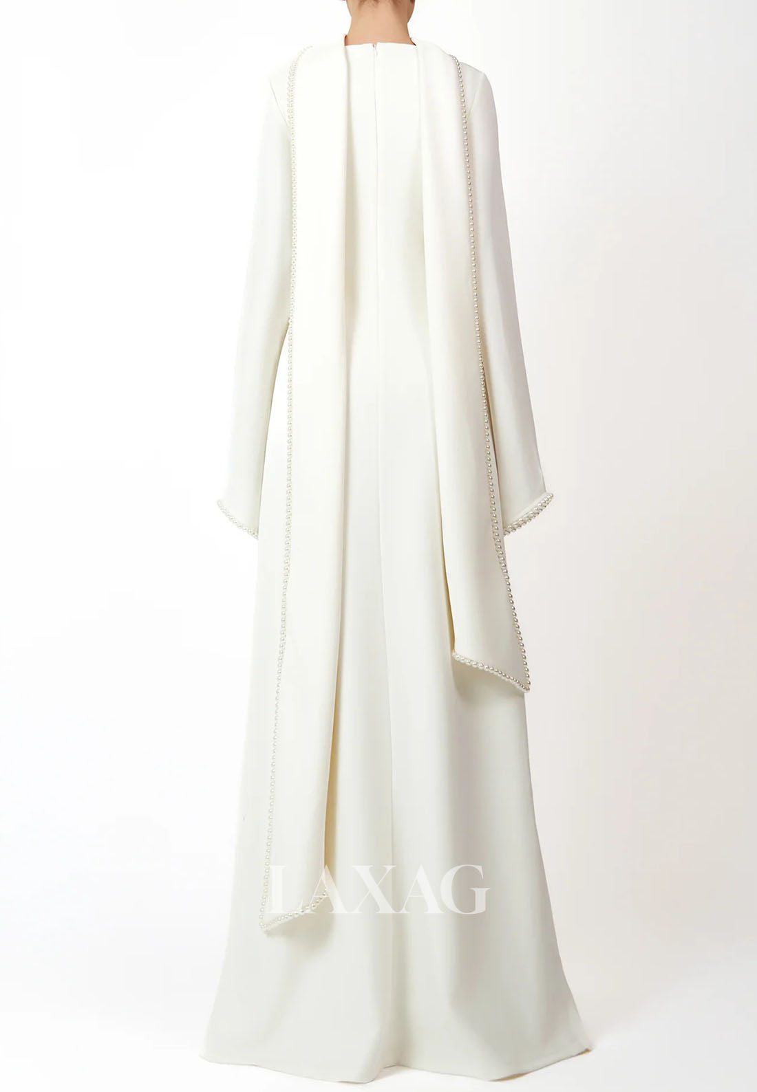 Scoop-Neck Long-Sleeves Pearls Satin Floor-Length Simple Fitted Formal Evening Dress with Overlay