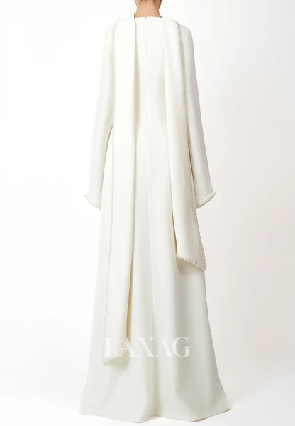 Scoop-Neck Long-Sleeves Pearls Satin Floor-Length Simple Fitted Formal Evening Dress with Overlay