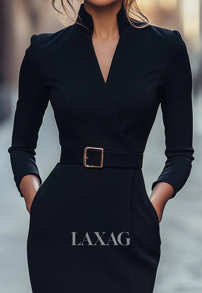 V-Neck Long-Sleeves Mermaid Mother of the Bride Dress Simple Knee-Length Satin Formal Gowns