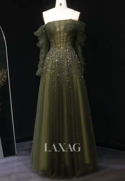 Asymmetrical-Neck Long-Sleeves A-Line Evening Dress Rhinestone Beaded Pleated Tulle Formal Gowns