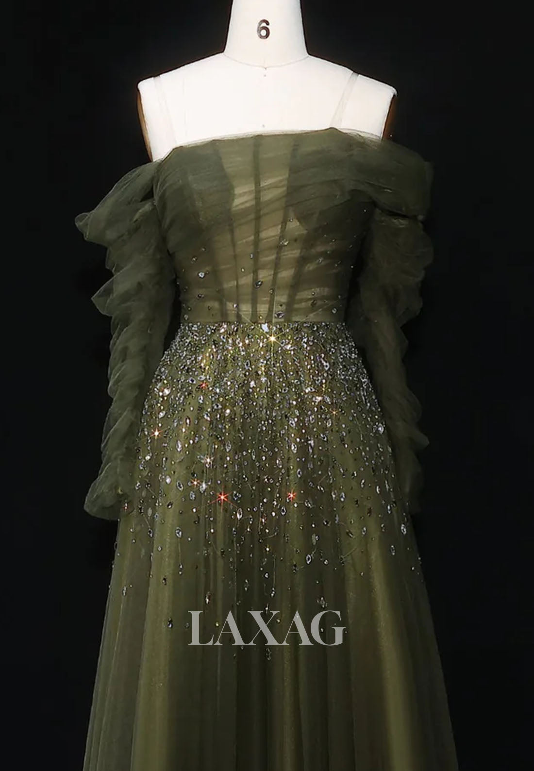 Asymmetrical-Neck Long-Sleeves A-Line Evening Dress Rhinestone Beaded Pleated Tulle Formal Gowns