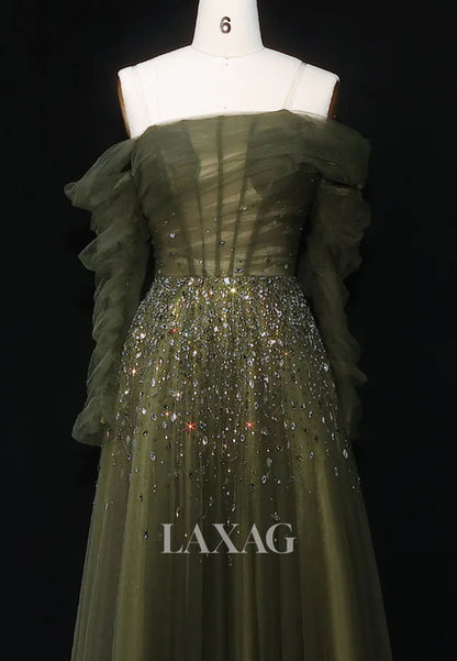 Asymmetrical-Neck Long-Sleeves A-Line Evening Dress Rhinestone Beaded Pleated Tulle Formal Gowns