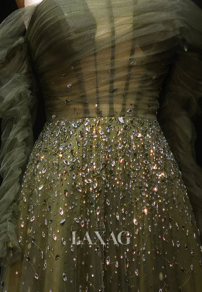 Asymmetrical-Neck Long-Sleeves A-Line Evening Dress Rhinestone Beaded Pleated Tulle Formal Gowns