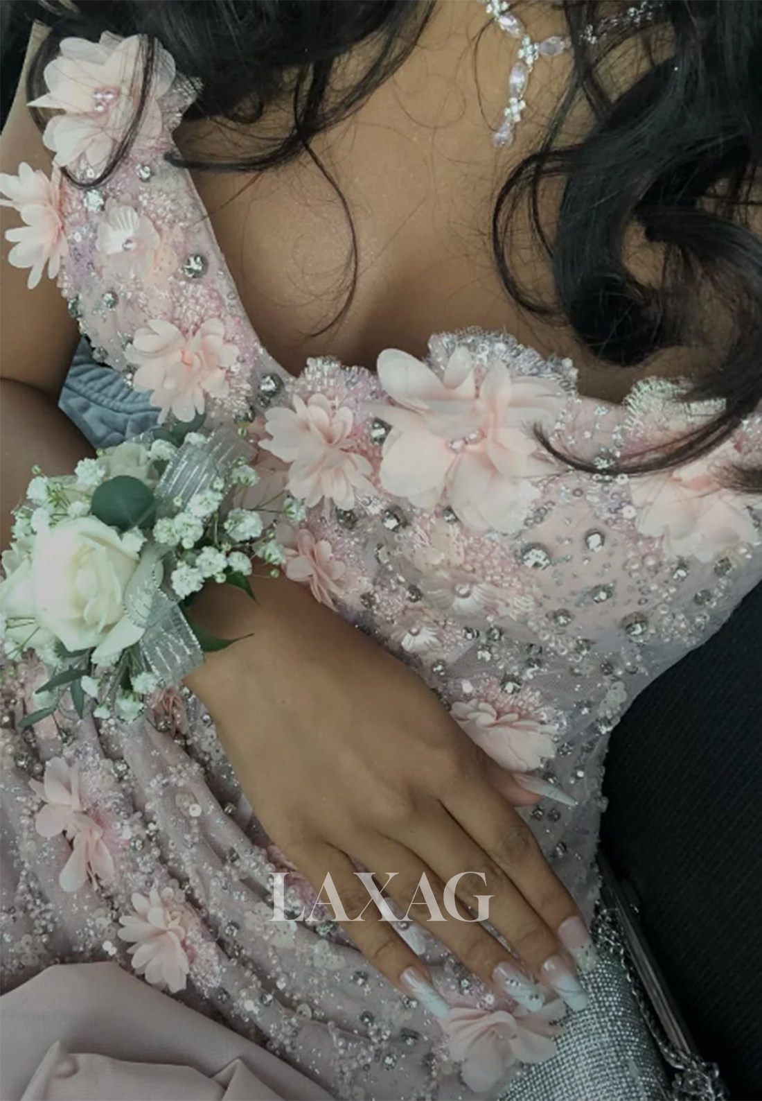 Sweetheart Spaghetti Straps Sequined Floral Embellished Tulle Mermaid Prom Dress with High Slit