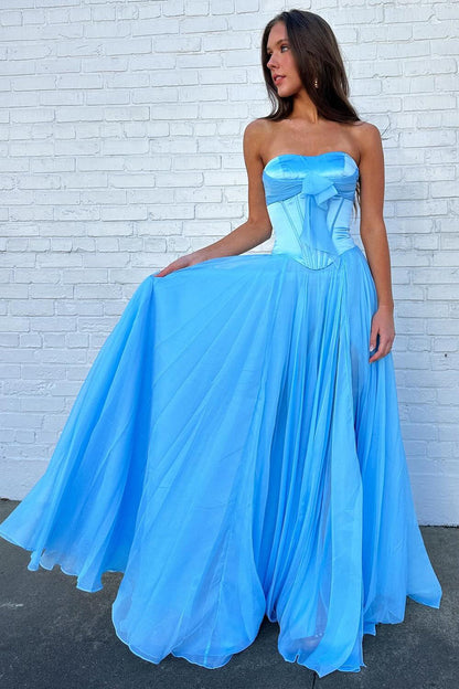 Strapless Chiffon Corset Floor-Length Prom Dress Sweetheart Pleated Party Gowns