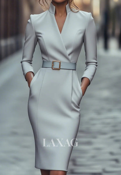 V-Neck Long-Sleeves Mermaid Mother of the Bride Dress Simple Knee-Length Satin Formal Gowns