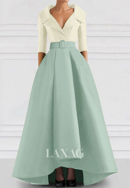 V-Neck Collared 3/4-Sleeves A-Line Evening Dress Two Tone Satin Floor-Length Formal Gowns