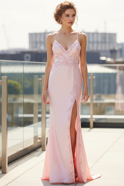 Spaghetti Straps V-Neck Sequined Applique Satin Floor-Length Mermaid Prom Dress