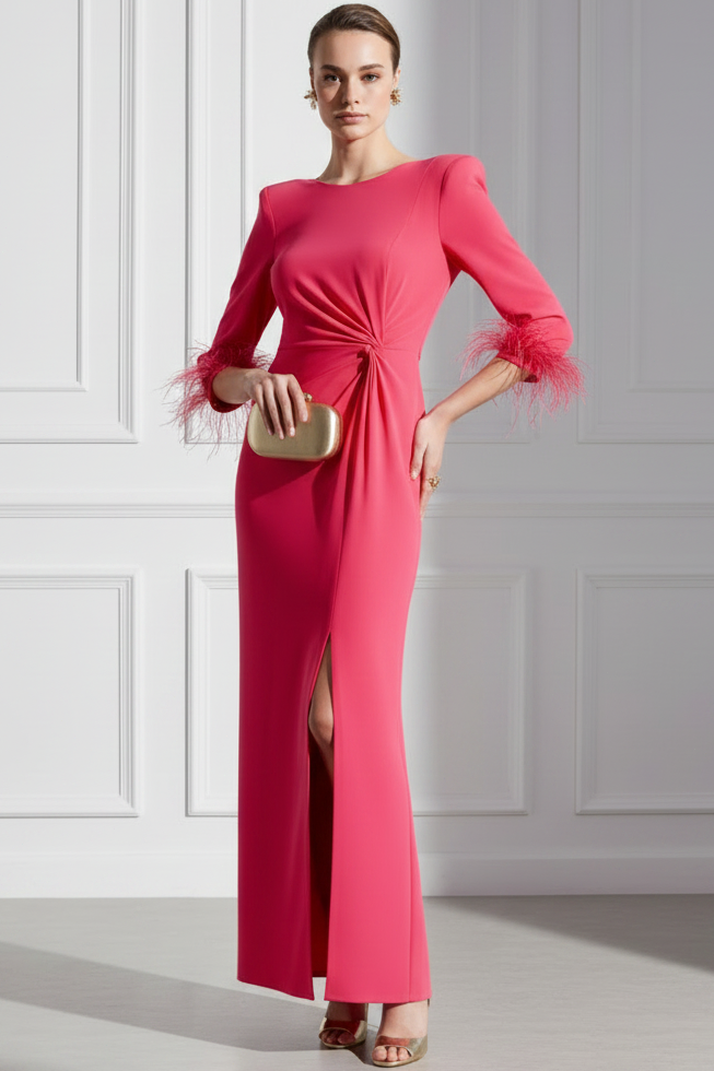 Scoop-neck Half-Sleeves Feathered Chiffon Pleated Mermaid Mother of the Bride Dress