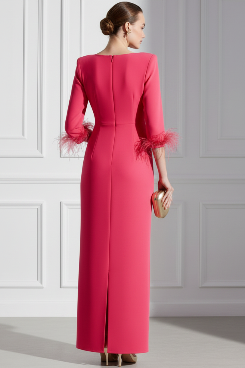 Scoop-neck Half-Sleeves Feathered Chiffon Pleated Mermaid Mother of the Bride Dress