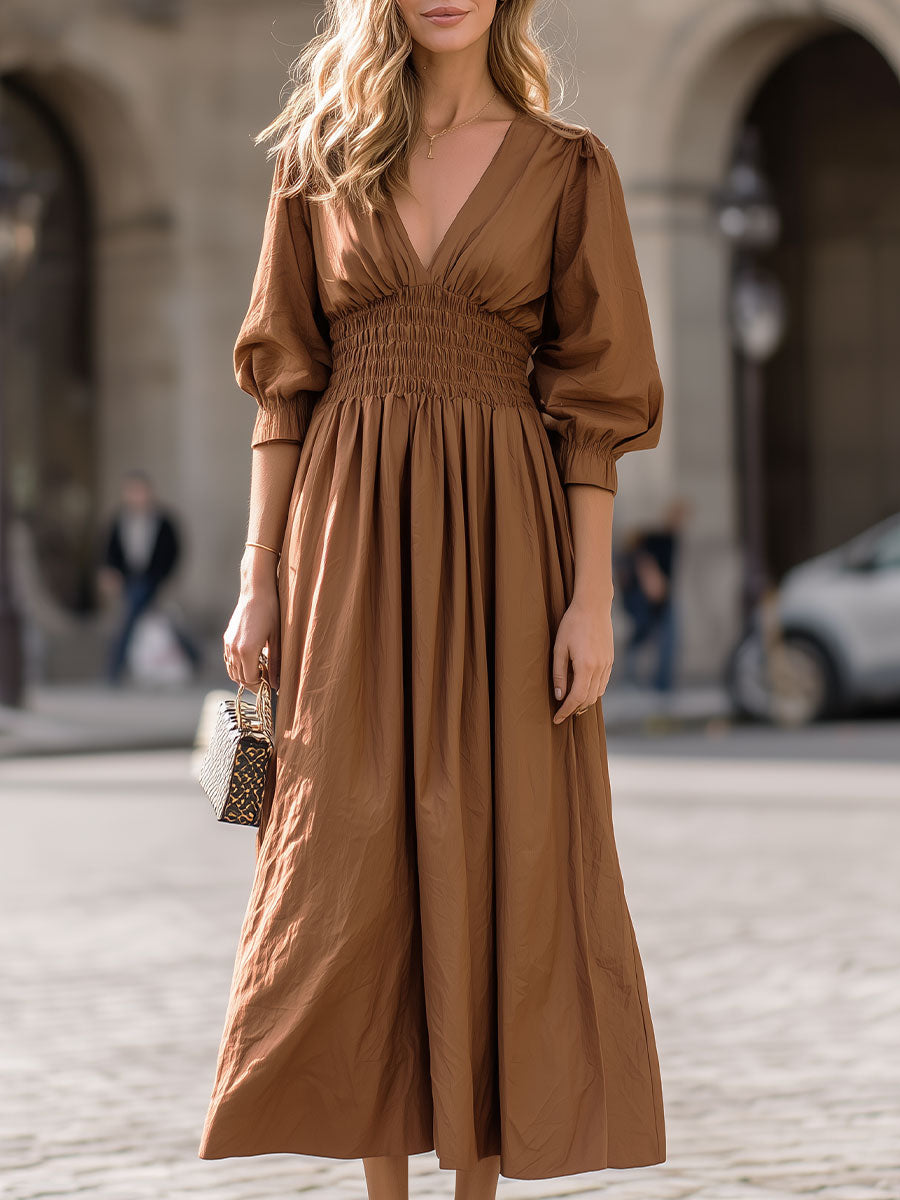 Deep V-Neck 3/4-Sleeves A-Line Evening Dress Pleated Satin Ankle-Length Formal Gowns