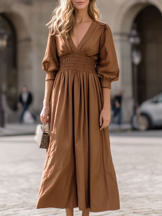 Deep V-Neck 3/4-Sleeves A-Line Evening Dress Pleated Satin Ankle-Length Formal Gowns