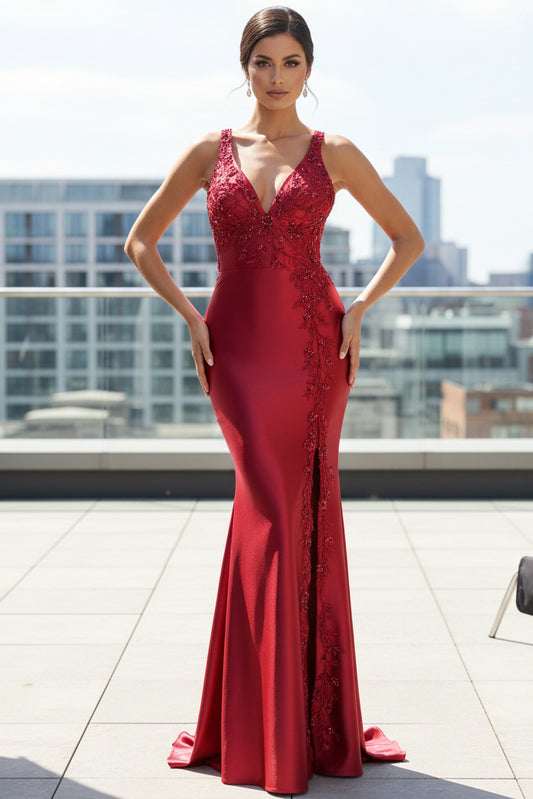 V-Neck Straps Sleeveless Sequined Applique Satin Floor-Length Slit Mermaid Prom Dress