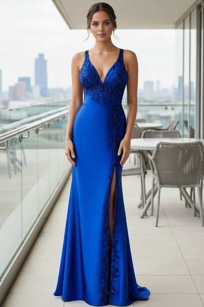 V-Neck Straps Sleeveless Sequined Applique Satin Floor-Length Slit Mermaid Prom Dress