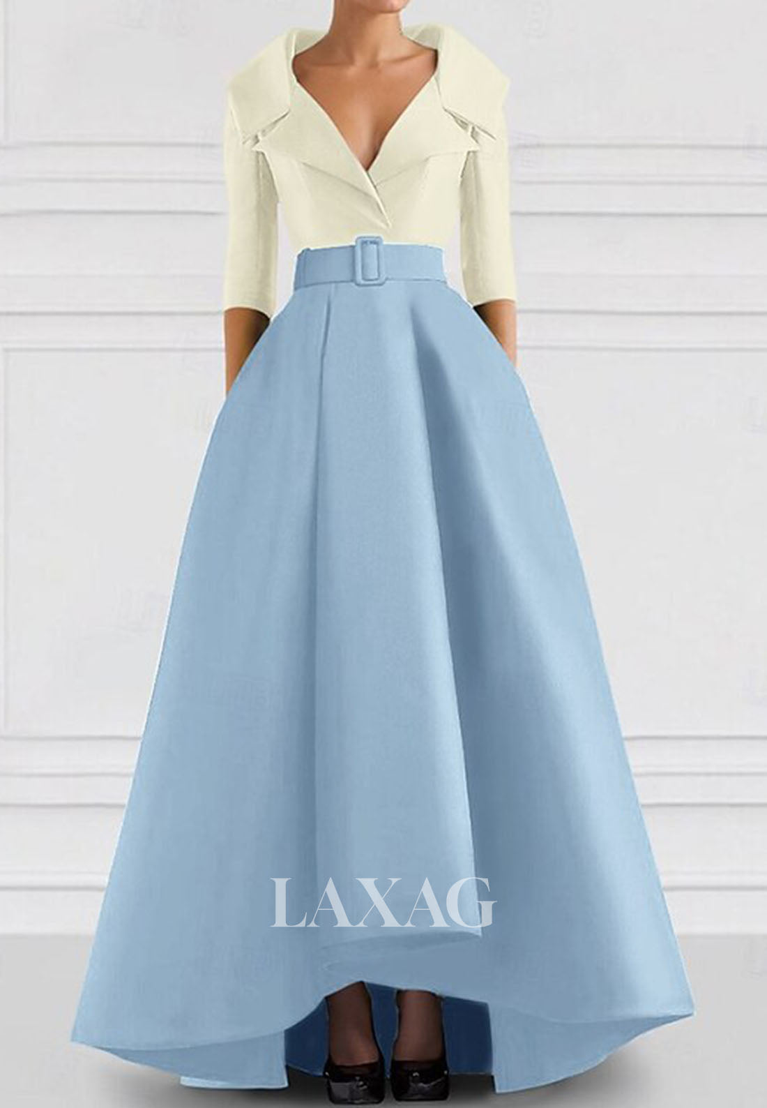 V-Neck Collared 3/4-Sleeves A-Line Evening Dress Two Tone Satin Floor-Length Formal Gowns