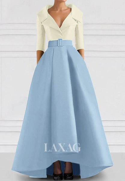 V-Neck Collared 3/4-Sleeves A-Line Evening Dress Two Tone Satin Floor-Length Formal Gowns
