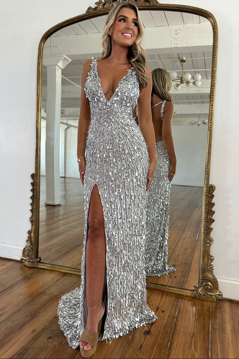 Deep V-Neck Straps Sleeveless Fully Sequined Tulle Train Mermaid Prom Dress with High Slit