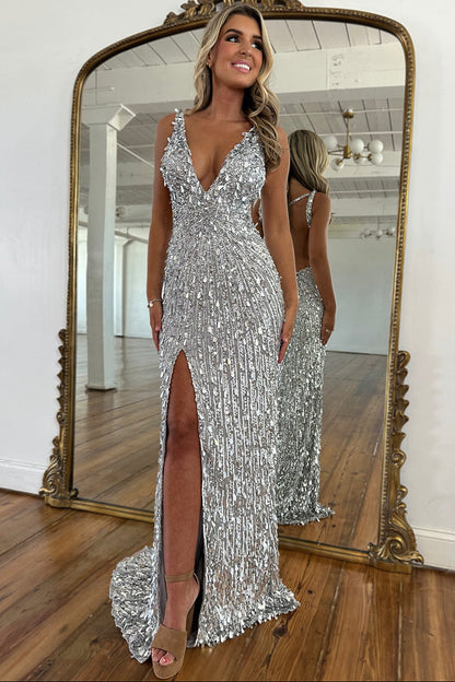 Deep V-Neck Straps Sleeveless Fully Sequined Tulle Train Mermaid Prom Dress with High Slit