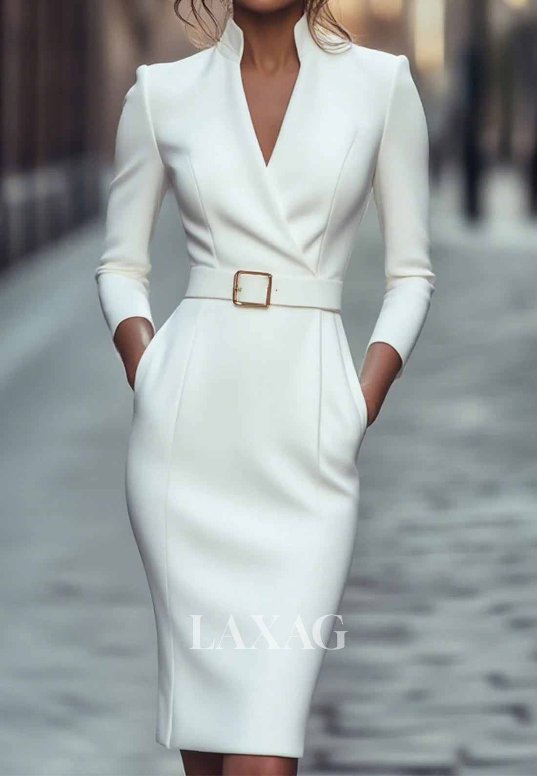 V-Neck Long-Sleeves Mermaid Mother of the Bride Dress Simple Knee-Length Satin Formal Gowns