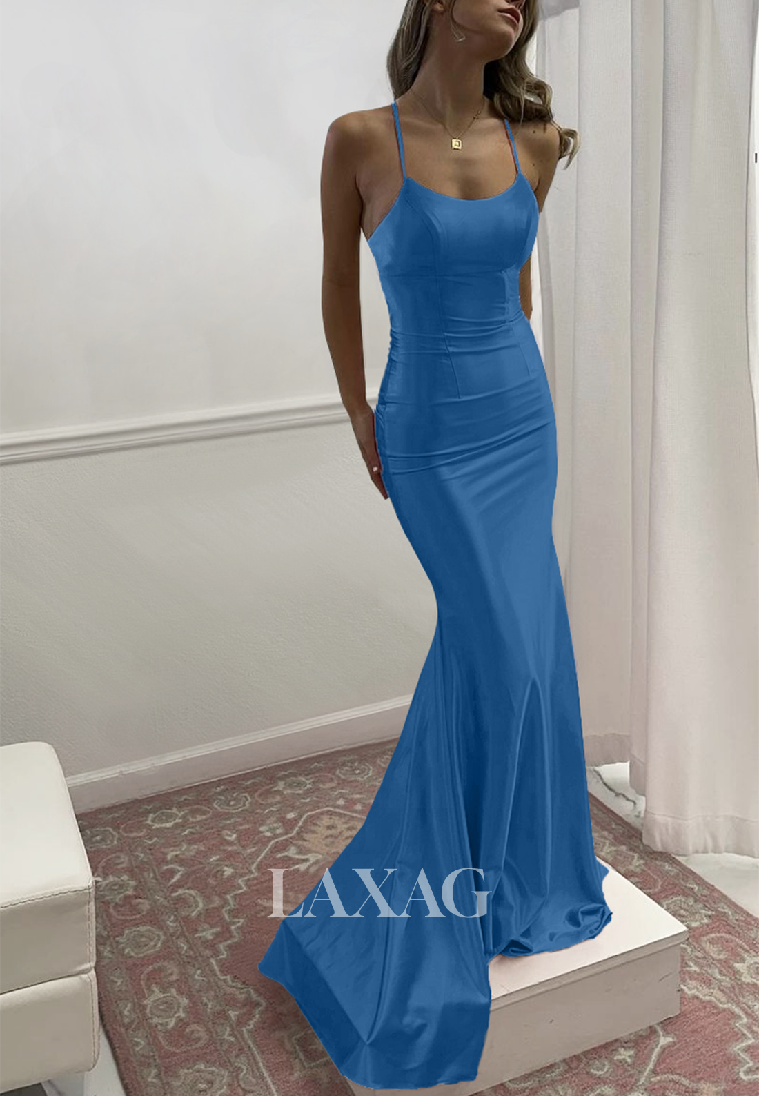 Simple Scoop-Neck Spaghetti Straps Sleeveless Pleated Mermaid Prom Dress with Sweep Train