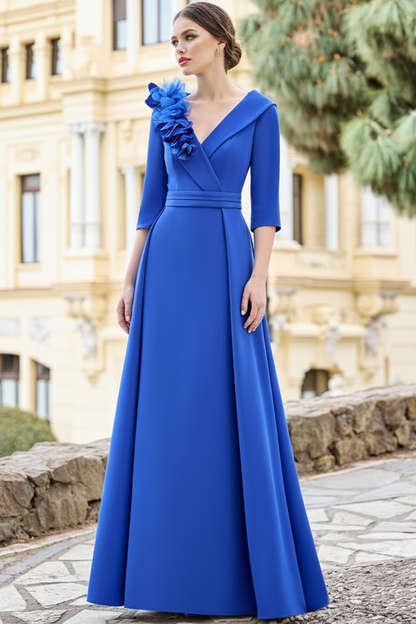 V-Neck Half-Sleeves 3D-Floral Satin Pleated A-Line Mother of the Bride Dress