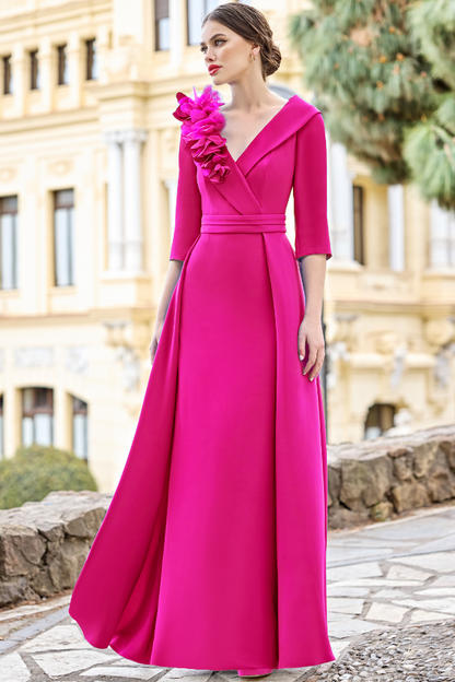 V-Neck Half-Sleeves 3D-Floral Satin Pleated A-Line Mother of the Bride Dress
