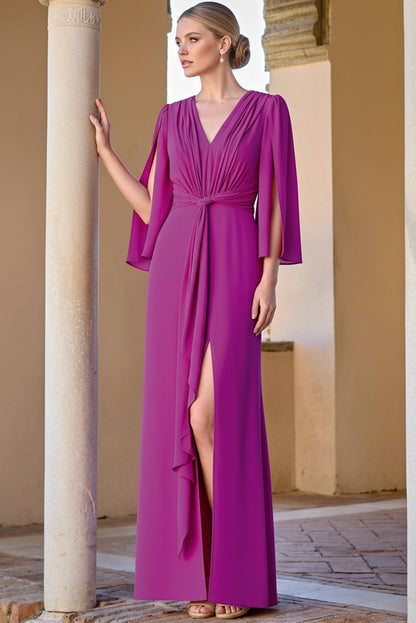 V-Neck Cape-Sleeves Chiffon Pleated Fitted Mother of the Bride Dress with High Slit