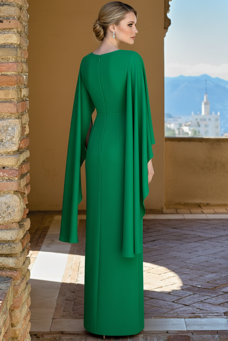 Scoop-Neck Cape-Sleeves Beaded Chiffon Pleated Mermaid Wedding Guest Dress