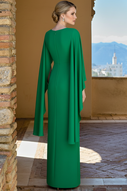Scoop-Neck Cape-Sleeves Beaded Chiffon Pleated Mermaid Wedding Guest Dress