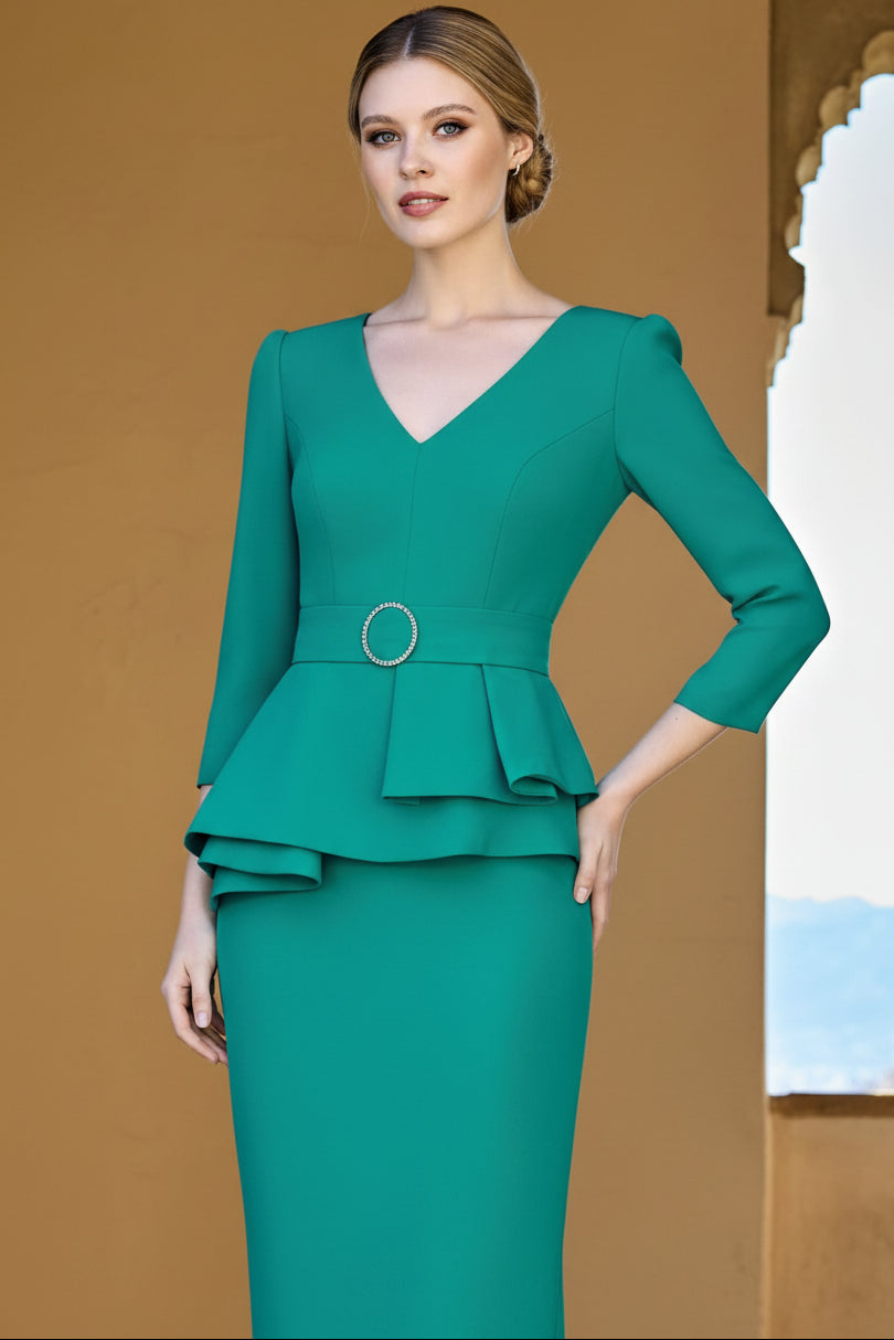 V-Neck 3/4-Sleeves Satin Pleated Floor-Length Mermaid Mother of the Bride Dress