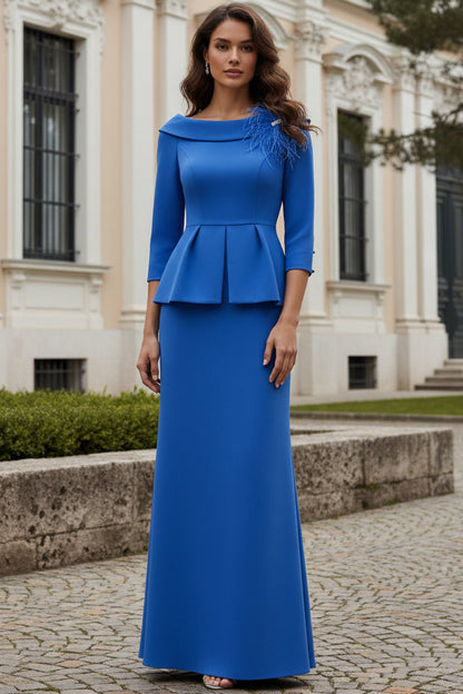 Scoop-Neck Half-Sleeves Feathered Satin Pleated Mermaid Mother of the Bride Dress