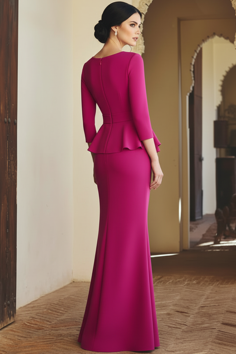 V-Neck 3/4-Sleeves Satin Pleated Floor-Length Mermaid Mother of the Bride Dress