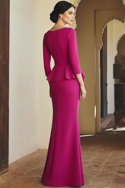 V-Neck 3/4-Sleeves Satin Pleated Floor-Length Mermaid Mother of the Bride Dress