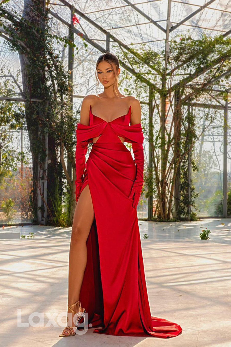 12729 - Red V-Neck Off-Shoulder High Slit Prom Evening Dress