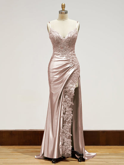 V-Neck Spaghetti Straps Beaded Lace Appliques Mermaid Prom Dress with High Slit