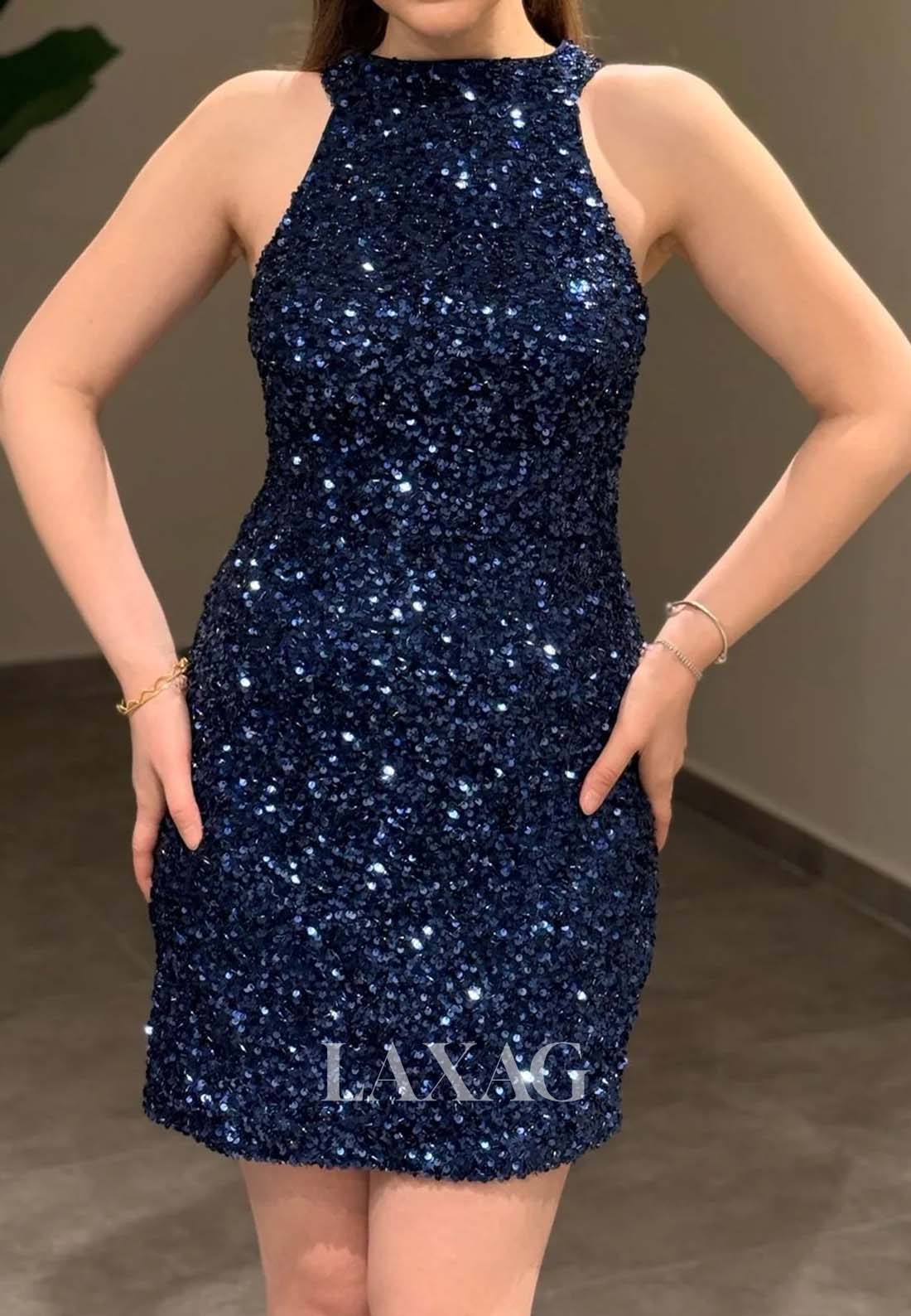 Halter-Neck Off-Shoulder Sleeveless Fully Sequined Short Mermaid Party Homecoming Dress