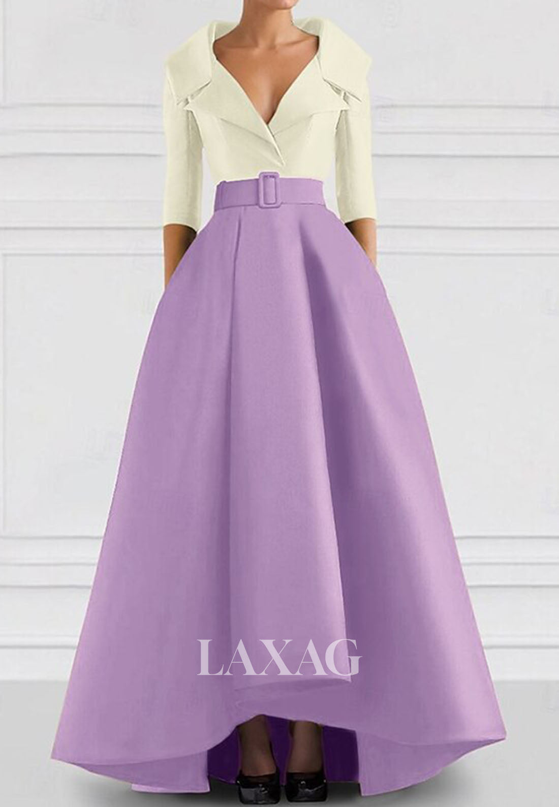 V-Neck Collared 3/4-Sleeves A-Line Evening Dress Two Tone Satin Floor-Length Formal Gowns