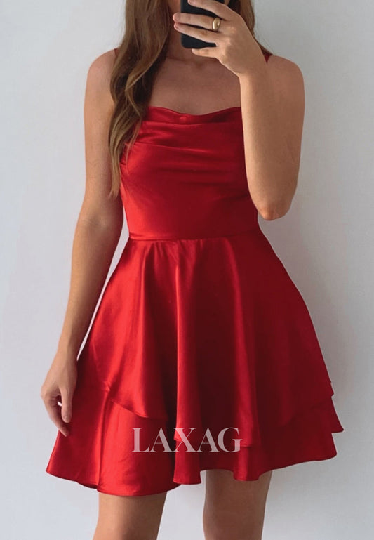 Scoop-Neck Spaghetti Straps Sleeveless Pleated Satin A-Line Party Homecoming Dress