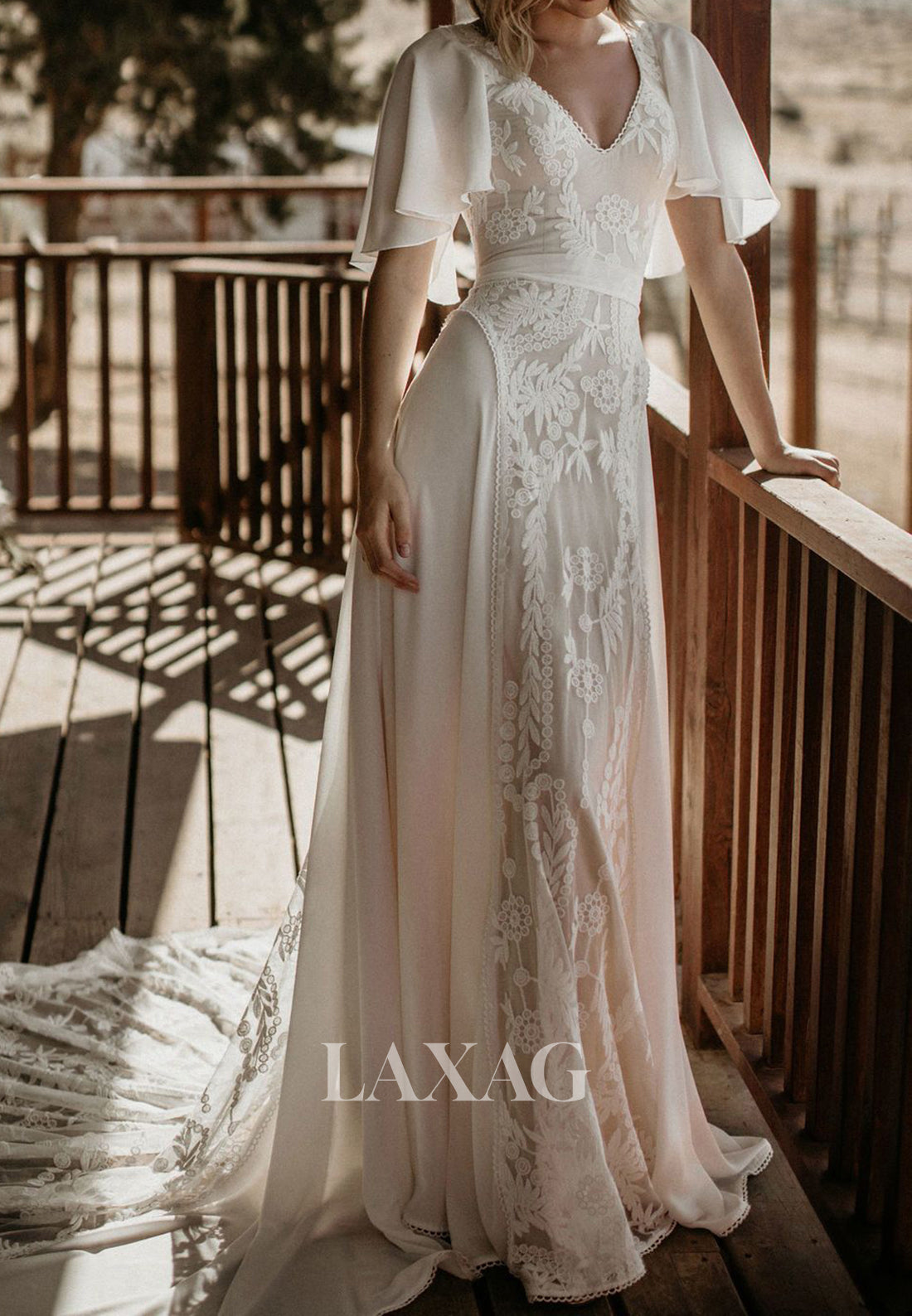 short sleeve a line wedding dress Princess Cap Sleeves Lace Dresses, MW951 Custom sizing is also an option V-Neck Short-Sleeves Lace Backless Bride