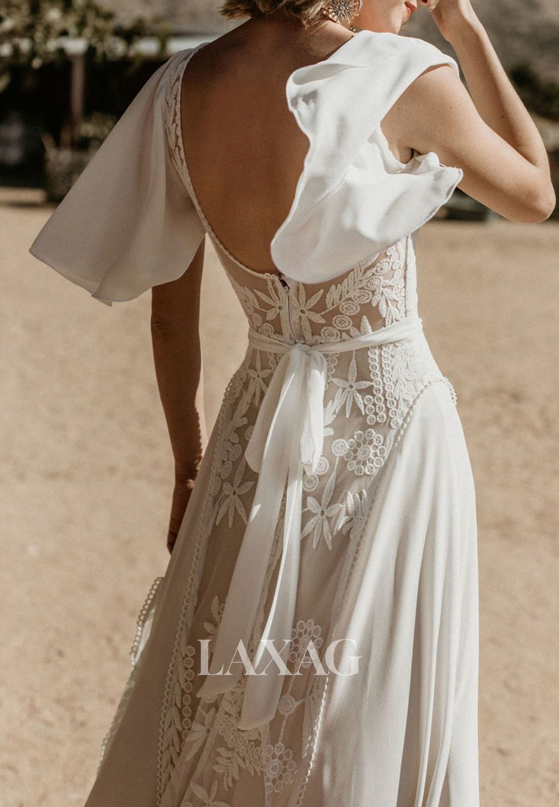 V-Neck Short-Sleeves Lace Backless Bride Gowns Chiffon A-Line Wedding Laxag V-Neck Short-Sleeves Lace Backless Bride Gowns Chiffon A-Line Wedding Laxag