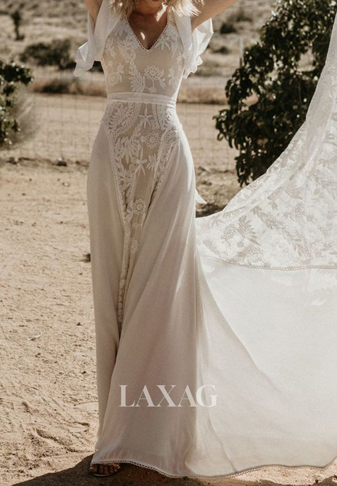 V-Neck Short-Sleeves Lace Backless Bride Gowns Chiffon A-Line Wedding Laxag V-Neck Short-Sleeves Lace Backless Bride Gowns Chiffon A-Line Wedding Laxag
