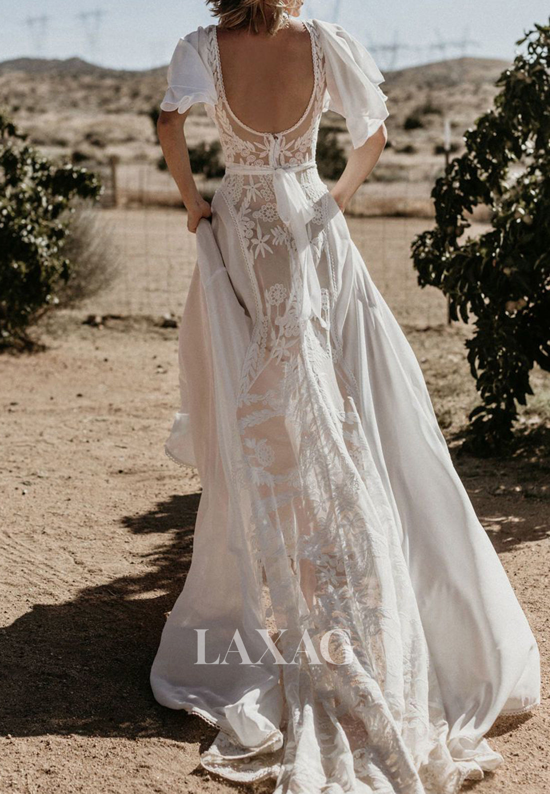V-Neck Short-Sleeves Lace Backless Bride Gowns Chiffon A-Line Wedding Dress with Sweep Train V-Neck Short-Sleeves Lace Backless Bride Gowns Chiffon A-Line Wedding Dress with Sweep Train