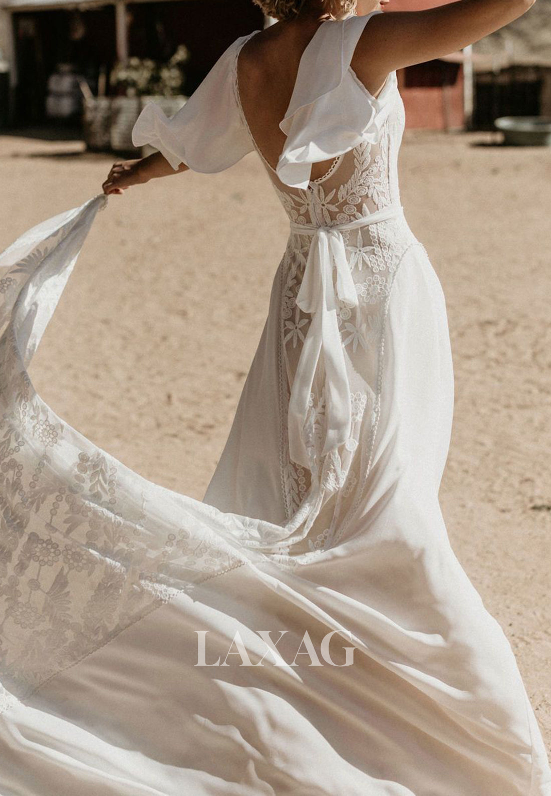 V-Neck Short-Sleeves Lace Backless Bride Gowns Chiffon A-Line Wedding Laxag V-Neck Short-Sleeves Lace Backless Bride Gowns Chiffon A-Line Wedding Laxag