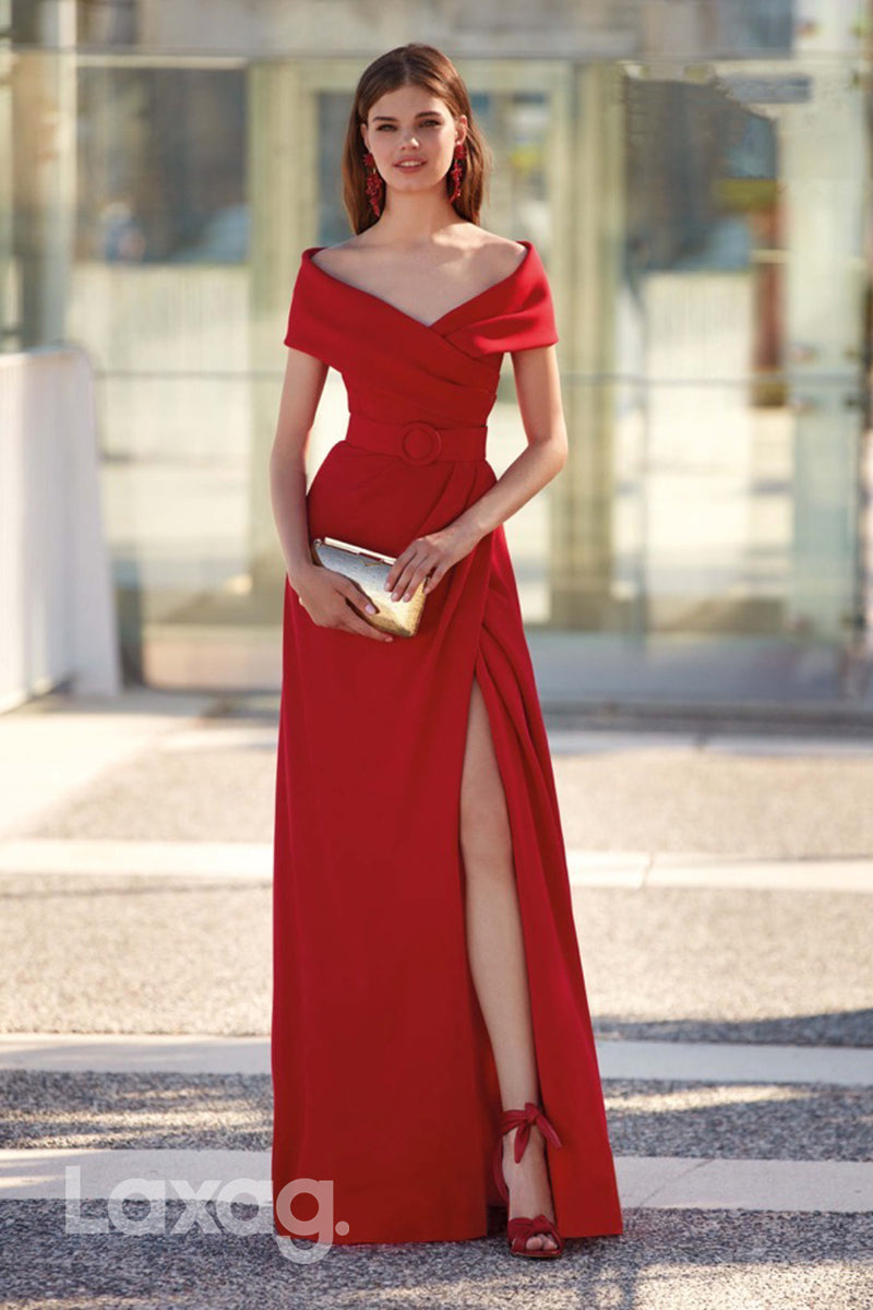 13730 - Red Off-Shoulder Split Floor-Length Prom Evening Dress