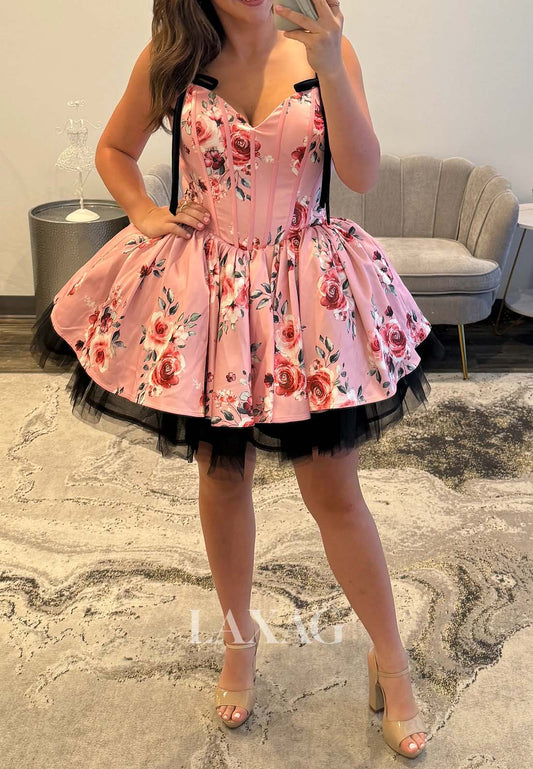 V-Neck Spaghetti Straps Off-Shoulder Print-Satin A-Line Party Homecoming Dress with Bow