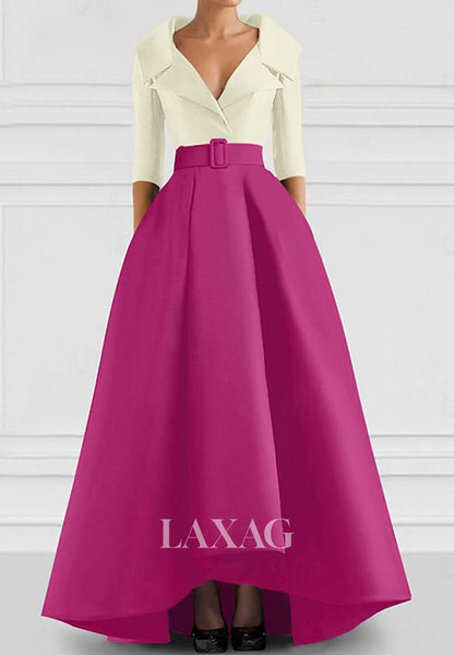 V-Neck Collared 3/4-Sleeves A-Line Evening Dress Two Tone Satin Floor-Length Formal Gowns