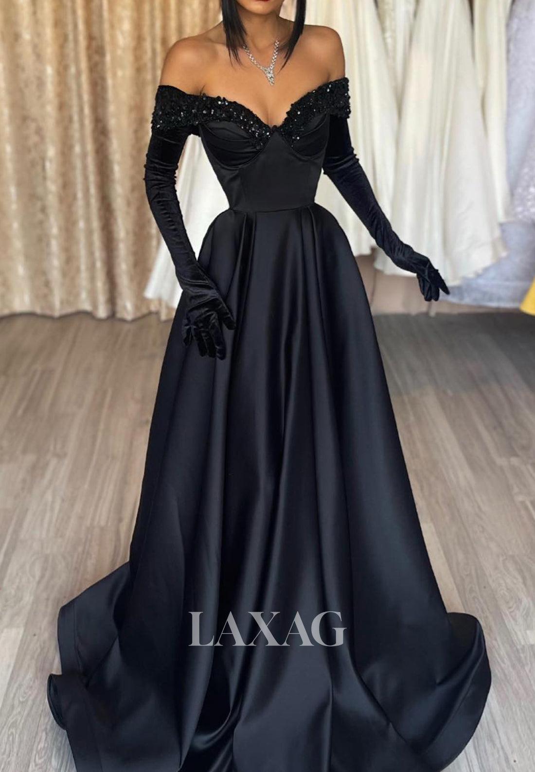 V-Neck Off Shoulder Beaded Sequins A-Line Prom Dress Plated Satin Formal Gowns with Long Gloves